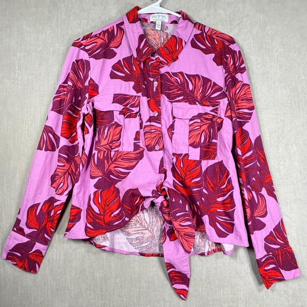Sofia Button Down Linen Blend Tropical Tie Front‎ Shirt Womens M Boho Botanical